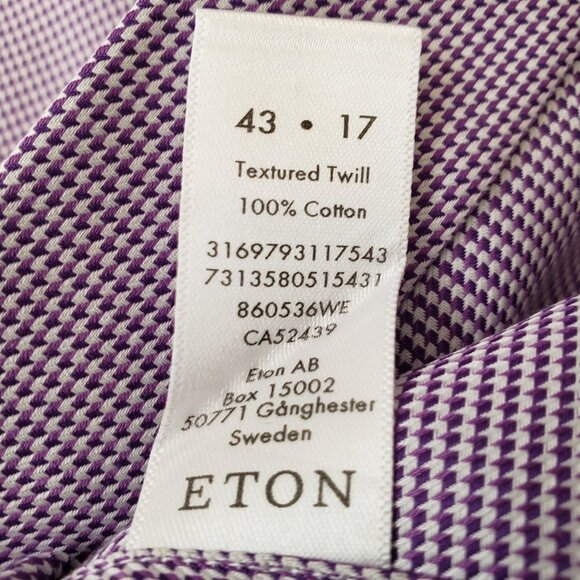 Eton Mens Button Up Dress Shirt Lavender White Check Long Sleeve Size 17 Twill - Picture 14 of 15